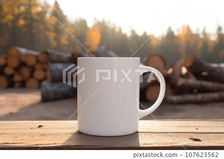 Empty blank mock up of white ceramic coffee mug on a forest background 107623562