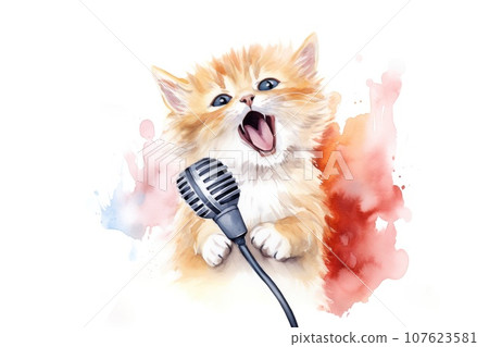 watercolor kitten with microphone on white background watercolor kitten with microphone on white background 107623581