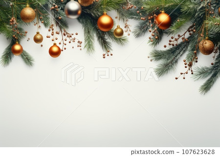 Banner of decorative christmas tree branches with cones and balls Banner of decorative christmas tree branches with cones and balls 107623628
