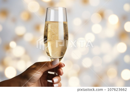 festive hand of woman with flutes of champagne on bokeh background 107623662