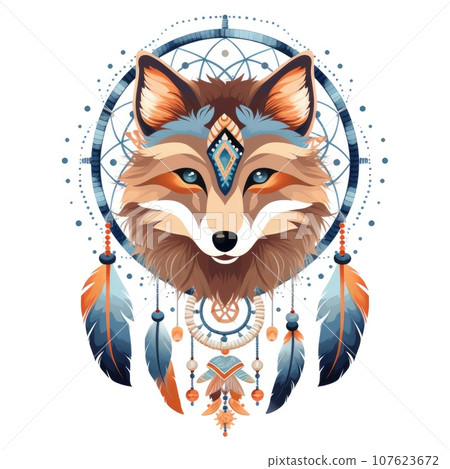 Illustration of colorful dreamcatcher with fox on white background. 107623672