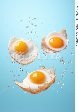 fried eggs fly in the air on blue pastel background. 107623673