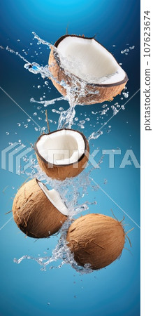 coconut with splashes fly in the air on blue pastel background. coconut with splashes fly in the air on blue pastel background. 107623674