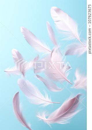 white feathers fly in the air on blue pastel background 107623675