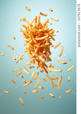 potato fries fly in the air on blue pastel background. 107623676
