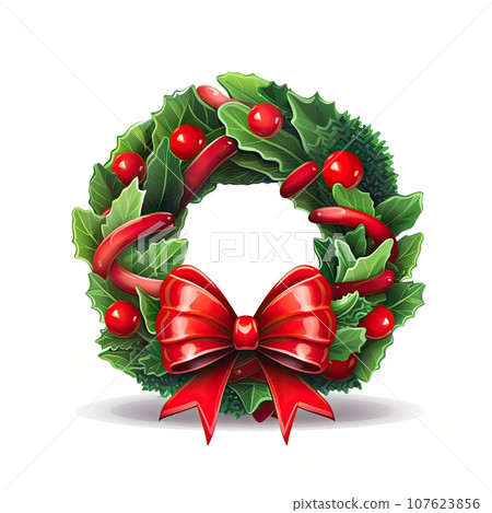 Cartoon 3d christmas wreath with decoration and bow on white background 107623856
