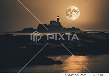 A full moon rising over a lighthouse on the ocean, AI 107624008