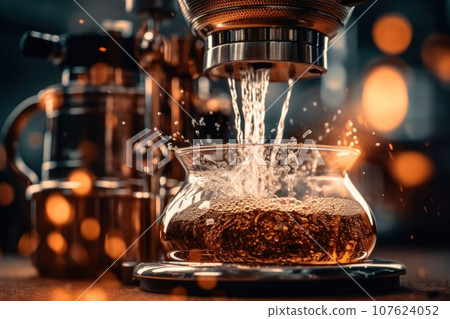 Coffee brewing in a glass with a steam coming out, AI 107624052