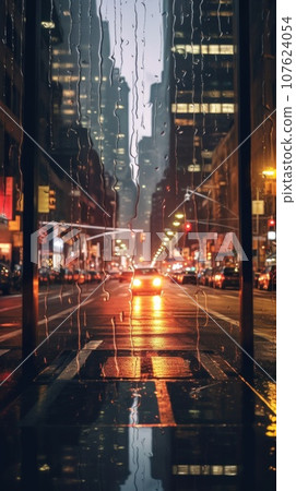 A city street at night with a car driving through the rain, AI 107624054