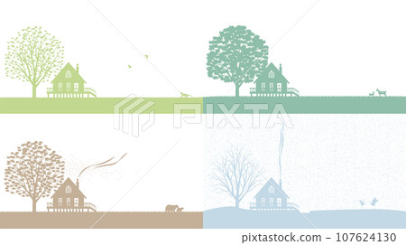 木屋、動物和樹木在四個季節變化的剪影插圖 木屋、動物和樹木在四個季節變化的剪影插圖 107624130