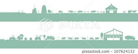 Dairy farming. Dairy cows, barns and pasture work. Silhouette illustration of changes in current and past work 107624132