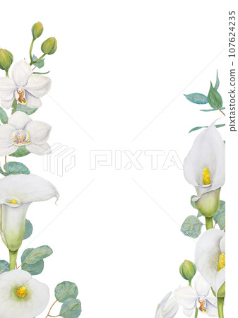 Watercolor frame of white calla lily flowers and eucalyptus. Hand drawn floral illustration for wedding invitations, floristic, beauty salon. Isolated tropical water arum for greeting 107624235