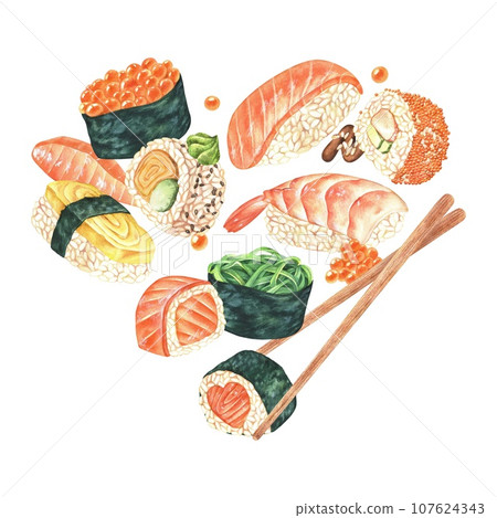 Heart of Sushi and rolls. Watercolor illustration of Japanese and korean food. Hand drawn clip art isolated on a white background. Drawing of asian cuisine for logo and icons 107624343