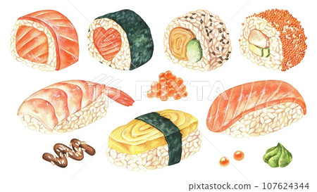 Sushi Rolls set isolated on a white background. Watercolor illustration of Japanese Food. Hand drawn nigiri maki clip art bundle. Drawing of asian cuisine for menu design 107624344