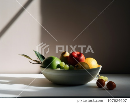 A bowl of fruit on a table, AI 107624607