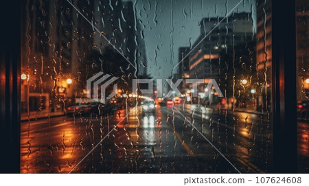 Rainy night city street view, AI 107624608