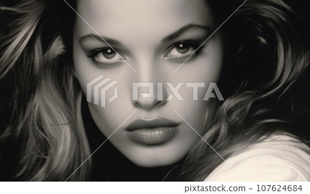 A black and white photo of a woman with long hair, AI 107624684
