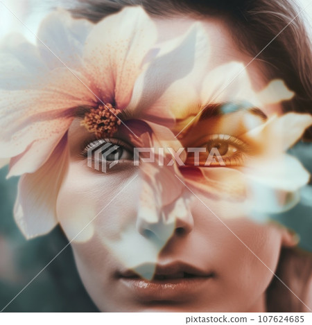 A woman with flowers on her face, AI 107624685