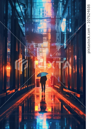 A person walking down a dark alley with an umbrella, AI 107624686