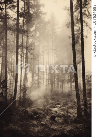 A foggy forest with trees and fog, AI 107624688