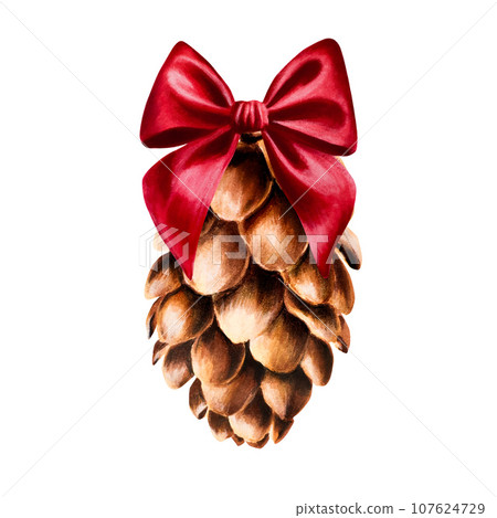 Watercolor hand drawn cone with red satin bow. New year botanical illustration of pine, spruce, cedar, fir and larch cone isolated on white background. For designers, decoration, shop, for postcards, 107624729