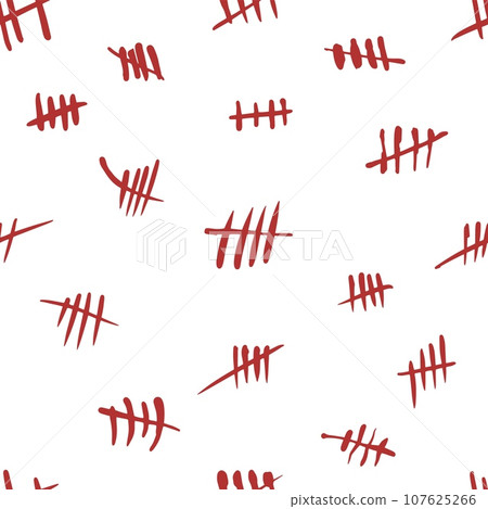Seamless tally marks pattern. Repeating red time counting signs. Crossed out rough lines. Hand drawn primitive strokes. Simple mathematical score. Strikethrough icons. Vector background 107625266