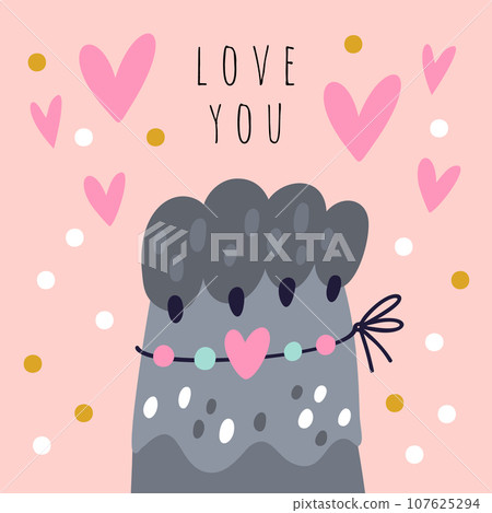 Cute cats greeting card. Pets paw. Fluffy kitty gray fur. Domestic animals foot with claws. Feline mammal. Adorable pussycat. Bracelet at kittens leg. Romantic square banner vector design 107625294