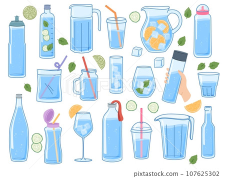 Cartoon water bottles. Cute drinks with lemons. Circles of fresh cucumbers. Plastic and glass container with cap. Ice cubes. Cold beverage. Blue flask for liquid. Recent vector set Cartoon water bottles. Cute drinks with lemons. Circles of fresh cucumbers. Plastic and glass container with cap. Ice cubes. Cold beverage. Blue flask for liquid. Recent vector set 107625302
