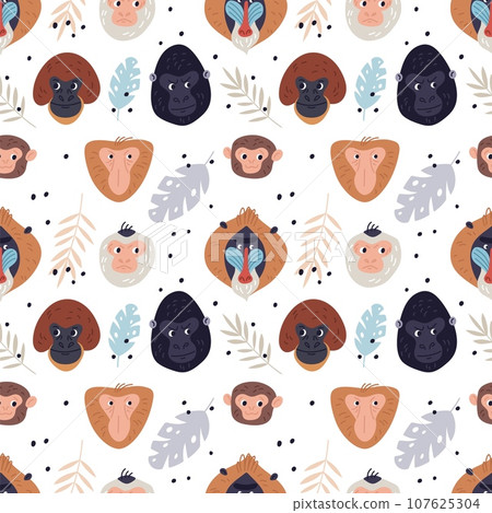 Cartoon monkeys seamless pattern. Exotic primates portraits with tropical plants leaves. Different breeds animals. Gorilla and chimpanzee. Funny ape muzzles. Garish vector background 107625304