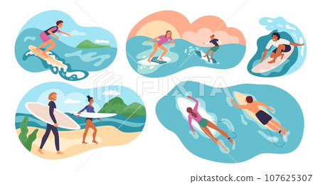 Cartoon happy surfer characters. Summer vacation. Beach scenes. People riding boards on waves. Girls and boys in swimming suits. Extreme water sport. Ocean resort. Garish vector surfing set Cartoon happy surfer characters. Summer vacation. Beach scenes. People riding boards on waves. Girls and boys in swimming suits. Extreme water sport. Ocean resort. Garish vector surfing set 107625307