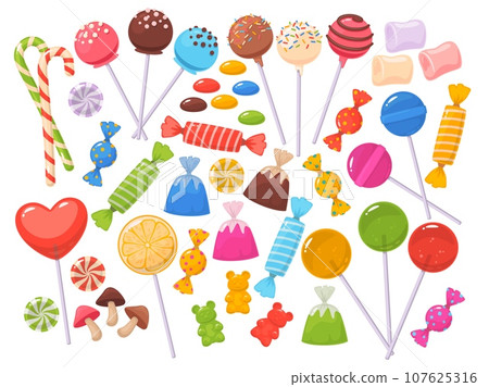 Cartoon candies. Sweet sugar products. Caramel in wrapper. Color lollipops. Bonbons and marmalade bears. Kids dessert. Chocolate confectionery. Glazed cake on stick. Recent vector set Cartoon candies. Sweet sugar products. Caramel in wrapper. Color lollipops. Bonbons and marmalade bears. Kids dessert. Chocolate confectionery. Glazed cake on stick. Recent vector set 107625316
