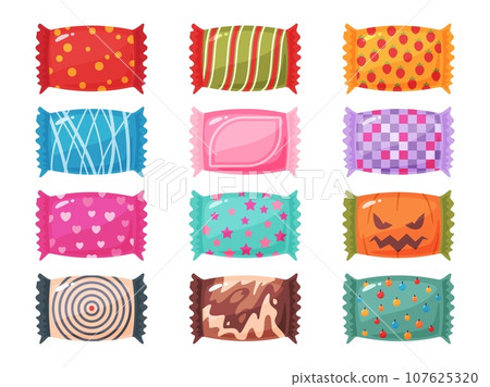 Candy in different wrappers. Cartoon sugar product in various colors and patterns packing. Decorative wrap. Fruit caramel. Birthday or Halloween sweets. Toffee packet. Recent vector set 107625320