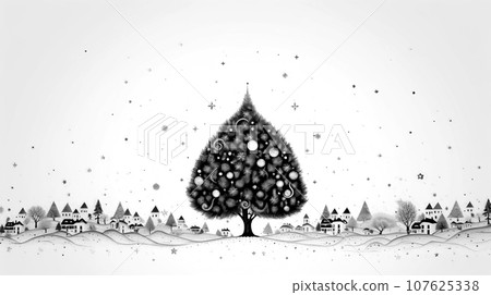 Christmas tree with houses and snowflakes on white background. 107625338