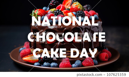 National Chocolate Cake Day poster. Chocolate dripping down the letters. Cake with fruits. National Chocolate Cake Day poster. Chocolate dripping down the letters. Cake with fruits. 107625359
