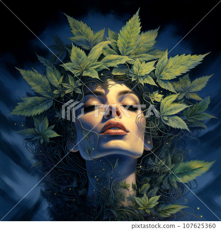 Girl with a wreath of marijuana leaves on her head. Digital painting. 107625360