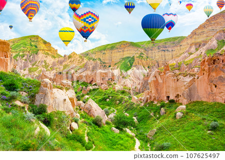 Fly of air balloons in Unique natural place - Cappadocia , Turkiye. 107625497