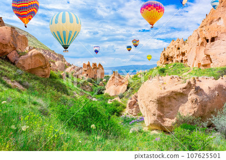 Fly of air balloons in Unique natural place - Cappadocia , Turkiye. 107625501