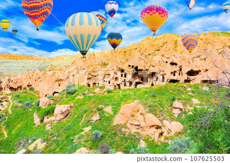 Fly of air balloons in Unique natural place - Cappadocia , Turkiye. 107625503