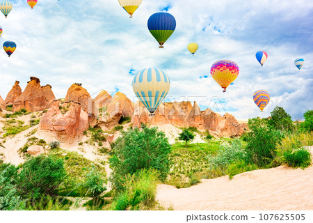 Fly of air balloons in Unique natural place - Cappadocia , Turkiye. 107625505
