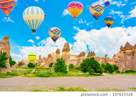 Fly of air balloons in Unique natural place - Cappadocia , Turkiye. 107625526