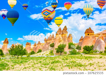 Fly of air balloons in Unique natural place - Cappadocia , Turkiye. 107625535