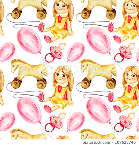 Watercolor seamless pattern of children theme, hand drawn sitting doll, pink balloon, nipple and wooden horse, sketch of newborn theme isolated on white background, pink and yellow colors Watercolor seamless pattern of children theme, hand drawn sitting doll, pink balloon, nipple and wooden horse, sketch of newborn theme isolated on white background, pink and yellow colors 107625740