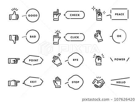 Simple line drawing icon set of hand signs and speech bubbles. Vector illustration. Simple line drawing icon set of hand signs and speech bubbles. Vector illustration. 107626420