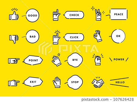 Simple line drawing icon set of hand signs and speech bubbles. Vector illustration. 107626428