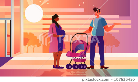 happy pregnant woman future mom and man with stroller walking outdoor pregnancy motherhood expectation concept 107626450