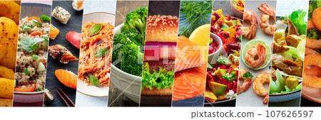 Food collage layout. A variety of dishes, a collection for a restaurant banner 107626597