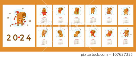 Cute capybara calendar 2024. Vector illustration. Vertical holiday printable planner organizer. Cover and 12 month pages English. Week from Sunday. Cartoon capibara character mascot . Cute capybara calendar 2024. Vector illustration. Vertical holiday printable planner organizer. Cover and 12 month pages English. Week from Sunday. Cartoon capibara character mascot . 107627355