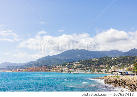 Menton, France seen from Italy 107627418