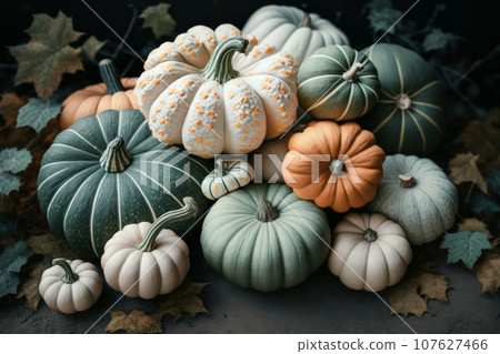 Different types of pumpkins on the ground with yellow leaves. A harvest of colorful vegetables. Generative by ai. 107627466
