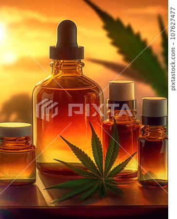 Small glass bottlees with hemp oil with a stopper on a natural backdrop Small glass bottlees with hemp oil with a stopper on a natural backdrop 107627477